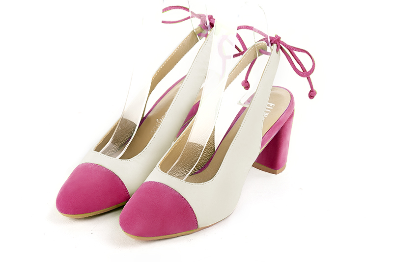 Fuschia pink and off white women's slingback shoes. Round toe. Medium block heels. Front view - Florence KOOIJMAN
